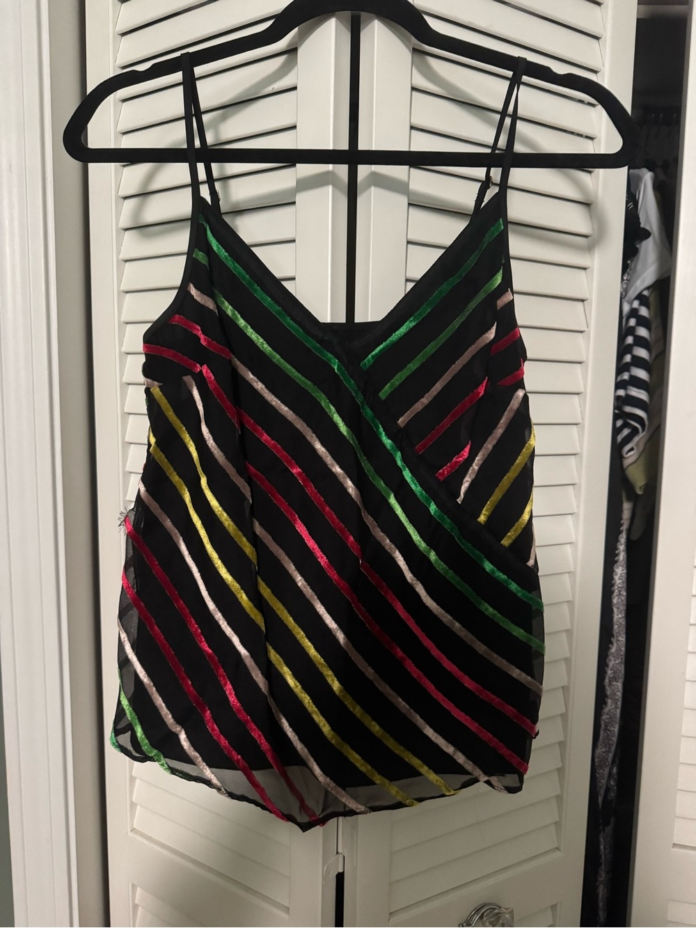 Amanda Uprichard Black V-Neck Cami with Multicolor Velvet Diagonal Stripes